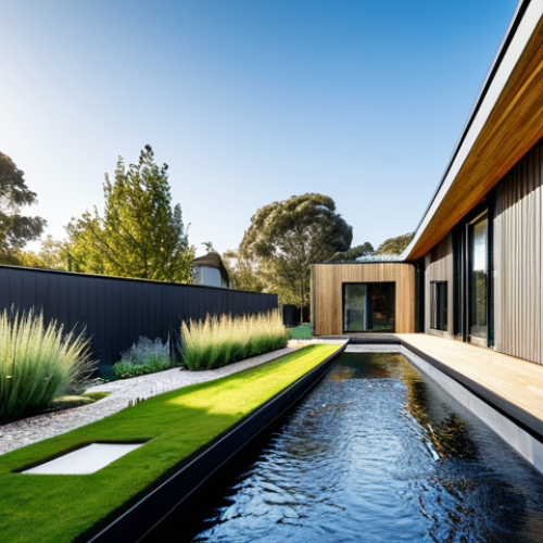 A contemporary, eco-friendly smart home with an integrated rainwater harvesting system, showcasing modern, sustainable architecture. The exterior features clean lines, large windows, and clearly visible yet aesthetically integrated downspouts leading to a discreet, underground storage unit. A vibrant, well-maintained garden surrounds the property, visibly benefiting from the recycled water. The scene is illuminated by bright, natural sunlight. No people are present. professional photography, high quality, realistic, detailed, safe for work, appropriate content, fully clothed, professional, modest.