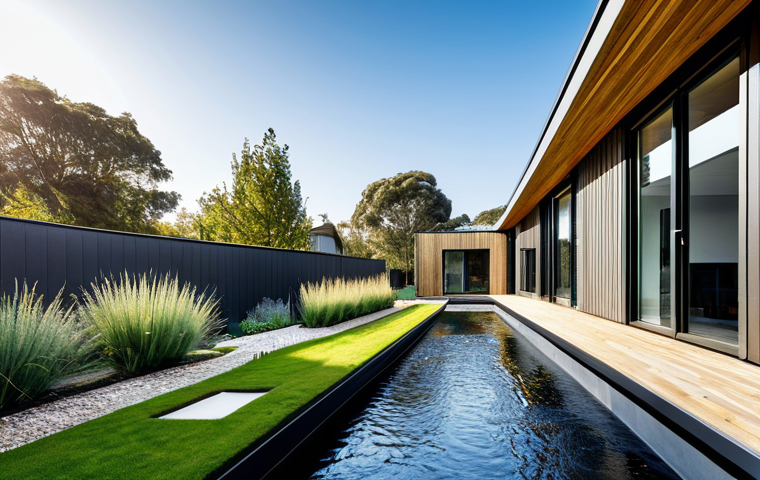 A contemporary, eco-friendly smart home with an integrated rainwater harvesting system, showcasing modern, sustainable architecture. The exterior features clean lines, large windows, and clearly visible yet aesthetically integrated downspouts leading to a discreet, underground storage unit. A vibrant, well-maintained garden surrounds the property, visibly benefiting from the recycled water. The scene is illuminated by bright, natural sunlight. No people are present. professional photography, high quality, realistic, detailed, safe for work, appropriate content, fully clothed, professional, modest.
